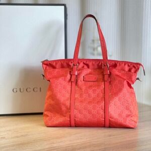 Gucci Guccissima Red Orange Nylon Tote Bag Leather Trim‎ Handbag Shoulder Bag